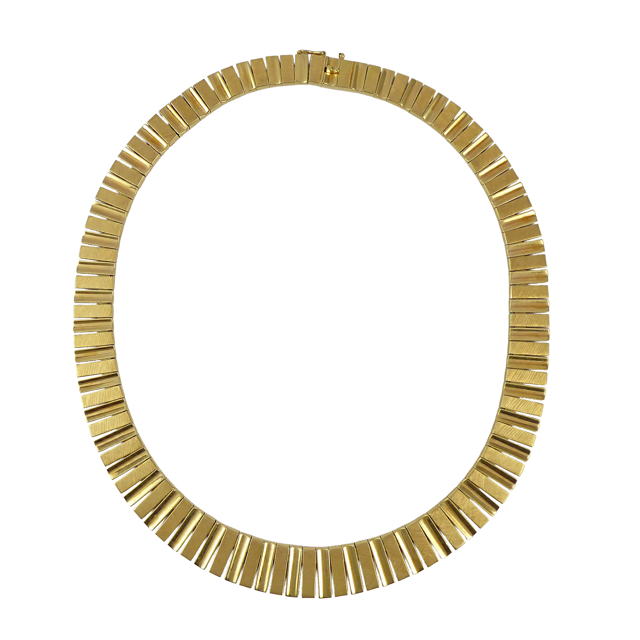 Graduating gold collar necklace with fringe links by Cartier, baton shaped and hung side-by-side forming a continuous strand,